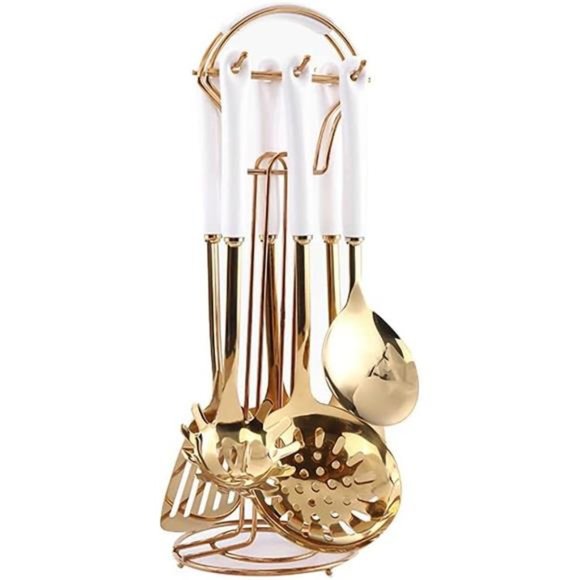 Stainless Steel kitchenware7 Pcs Set (White Gold) with hanging shelf